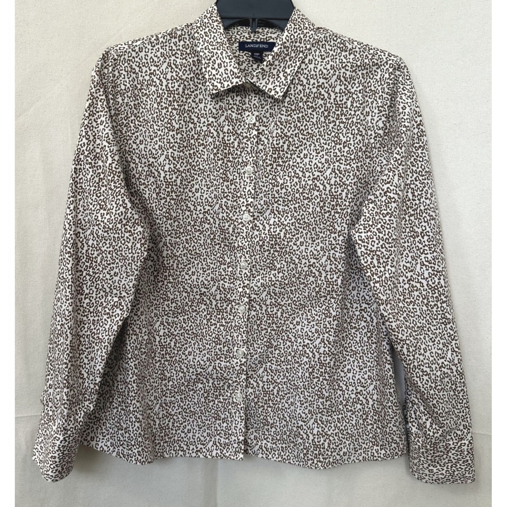Lands End No Iron Supima Cotton Animal Print Button‎ Up Shirt Brown 10P Office